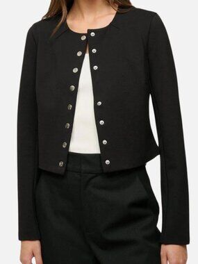 Staud Women's Black Cilento Long Sleeve Cropped Stretch Logo Jacket Coat Size M